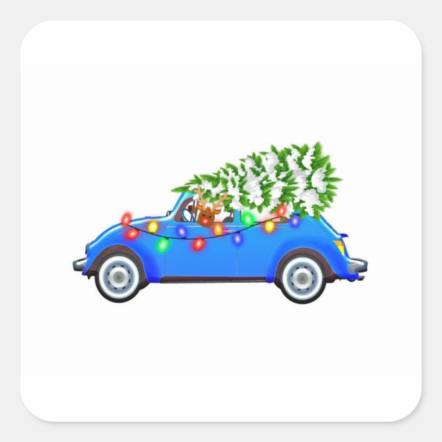 Reindeer driving a beetle with christmas treeb square sticker (Front)