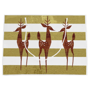 Reindeer elegant vintage gold white striped retro large gift bag
