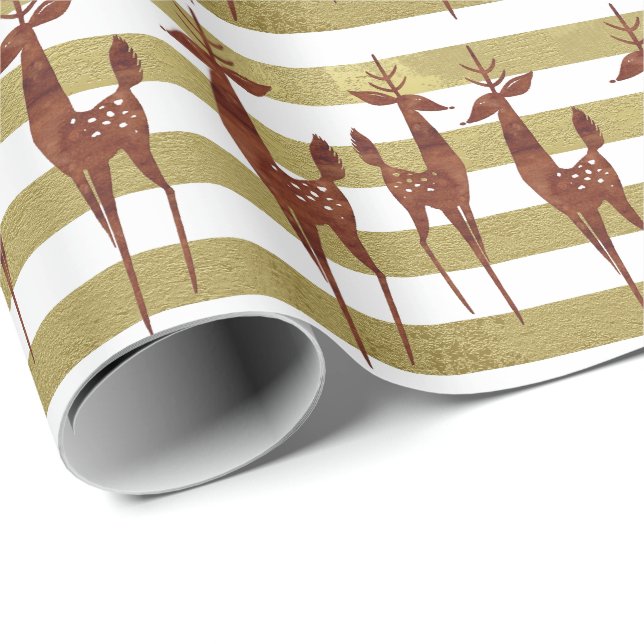 Reindeer elegant vintage gold white striped wrapping paper (Roll Corner)