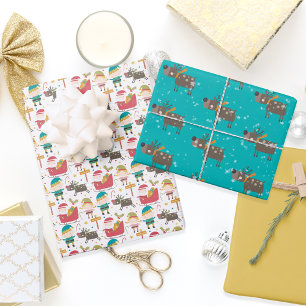 Reindeer Elves and Santa Claus Christmas Fun Wrapping Paper Sheet
