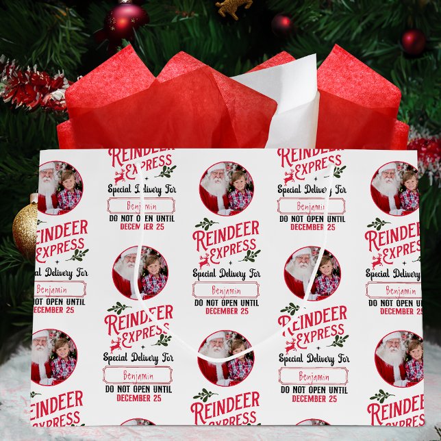 Reindeer Express from Santa Name & Photo Christmas Large Gift Bag (Creator Uploaded)