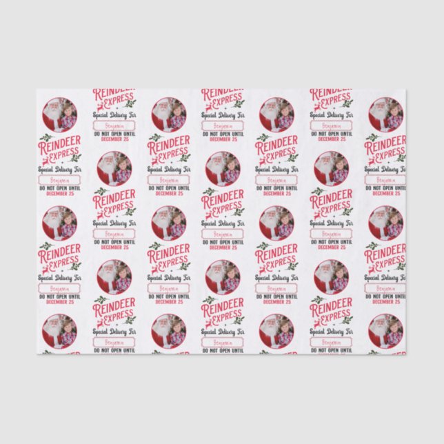 Reindeer Express from Santa Name & Photo Christmas Tissue Paper (Front)