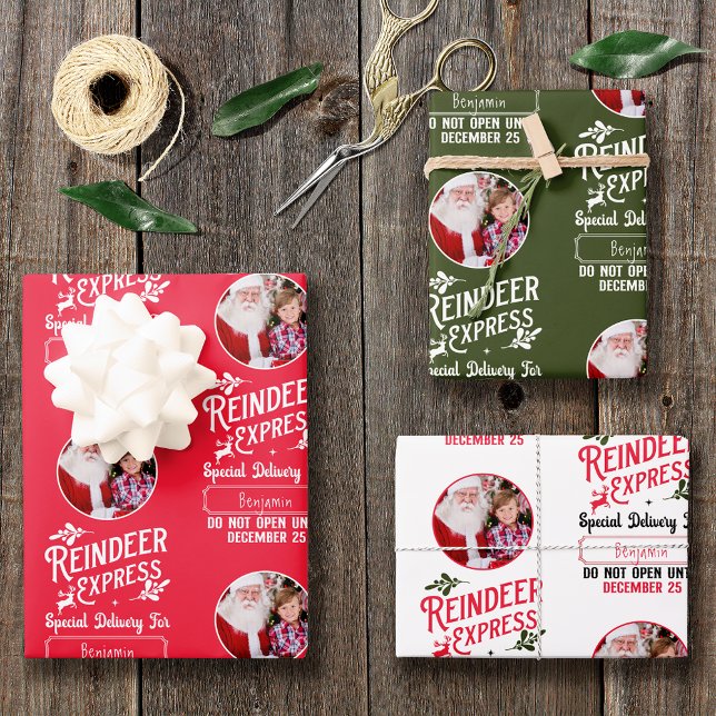 Reindeer Express from Santa Name & Photo Christmas Wrapping Paper Sheet (Creator Uploaded)