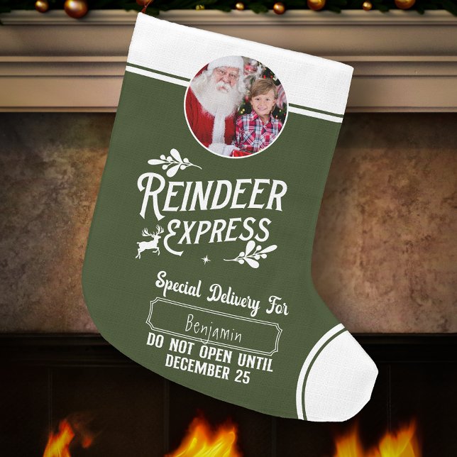 Reindeer Express from Santa Name & Photo Green Large Christmas Stocking (Creator Uploaded)