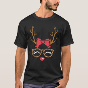 Reindeer Face Bow Leopard Glasses Christmas Womens T-Shirt