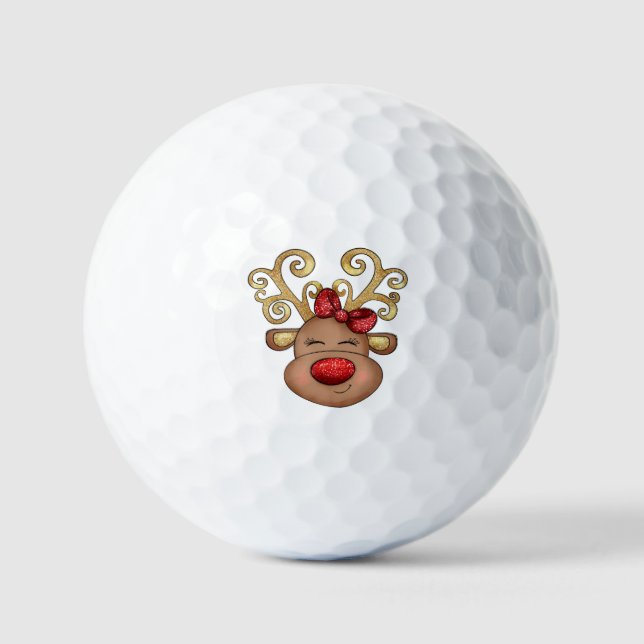 Reindeer face cute glitter red nose golf balls (Front)