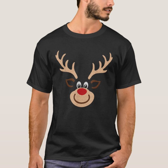 Reindeer Face Deer Red Nose Brown Christmas  T-Shirt (Front)