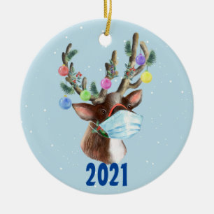 Reindeer Face Mask Christmas Pandemic 2021 Ceramic Tree Decoration