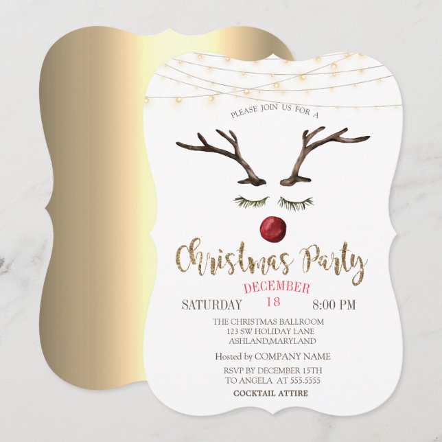Reindeer Face,String Lights Gold Christmas Company Invitation (Front/Back)