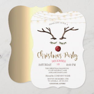 Reindeer Face,String Lights Gold Christmas Company Invitation