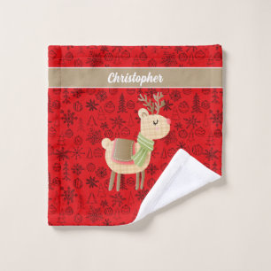 Reindeer face towel, red custom script monogram wash cloth