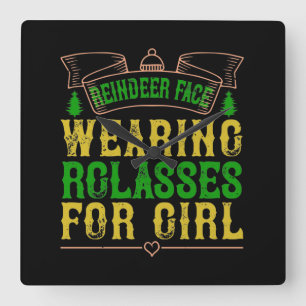 Reindeer Face, Wearing Glasses For Girl Square Wall Clock
