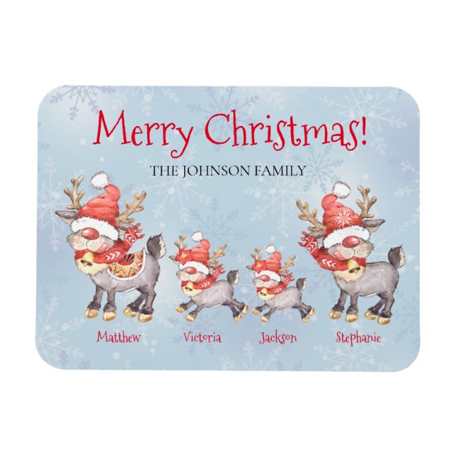 Reindeer Family Personalised Merry Christmas Card Magnet (Horizontal)
