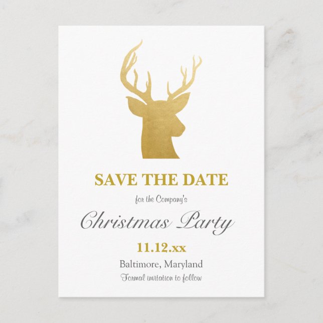 Reindeer Faux Gold Foil | Holiday Party Announcement Postcard (Front)