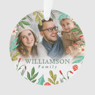 Reindeer & Festive Florals Monogram Family Photo Ornament
