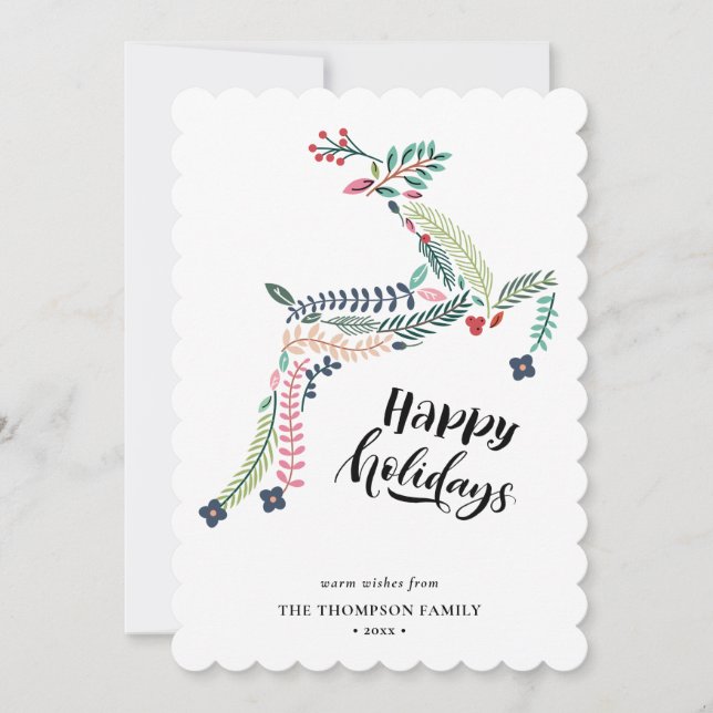 Reindeer Floral | Poinsettia Pine Bough Happy Holiday Card (Front)