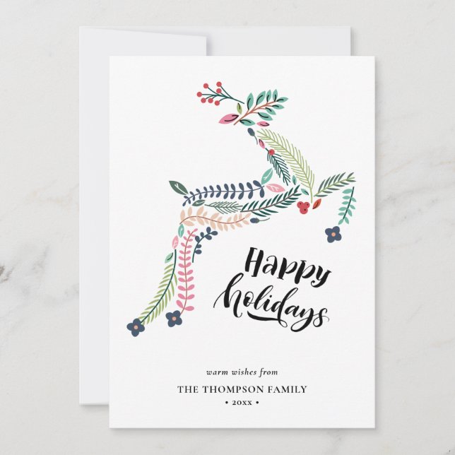 Reindeer Floral | Poinsettia Pine Bough Happy Holiday Card (Front)