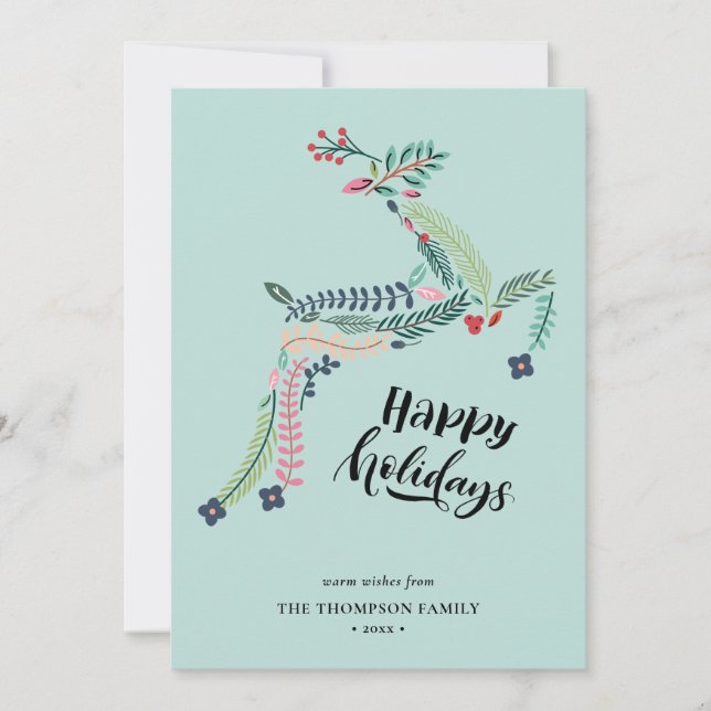 Reindeer Floral | Poinsettia Pine Bough Happy Holiday Card (Front)