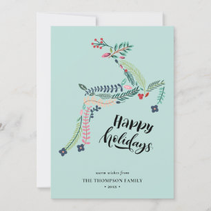 Reindeer Floral Poinsettia Pine Bough Happy Holiday Card