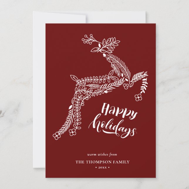Reindeer Floral | Poinsettia Pine Bough Red Happy Holiday Card (Front)