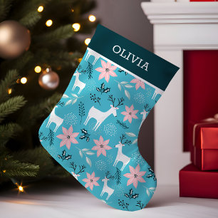 Reindeer Floral Poinsettia Whimsical Personalised Small Christmas Stocking