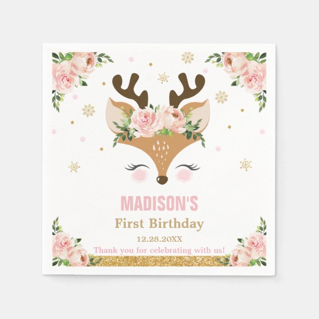 Reindeer Floral Snowflakes Christmas Birthday Napkin (Front)