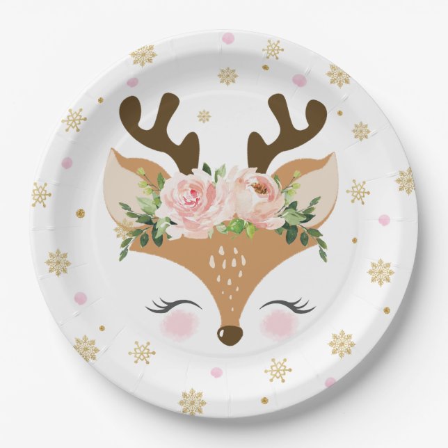 Reindeer Floral Snowflakes Christmas Birthday Paper Plate (Front)