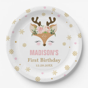 Reindeer Floral Snowflakes Christmas Birthday Paper Plate