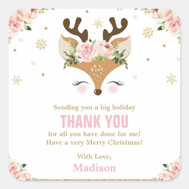 Reindeer Floral Snowflakes Christmas Thank You Square Sticker (Front)