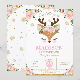 Reindeer Floral Snowflakes Winter Birthday Party Invitation
