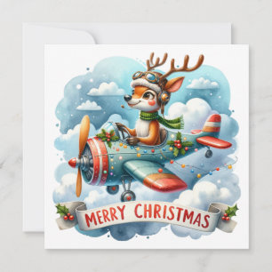 Reindeer Flying Aeroplane Christmas Greeting Card