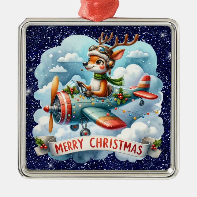 Reindeer Flying Aeroplane Ornament (Front)