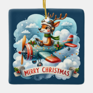 Reindeer Flying Aeroplane Ornament