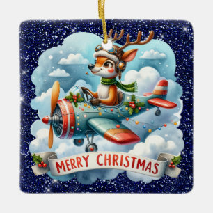 Reindeer Flying Aeroplane Ornament