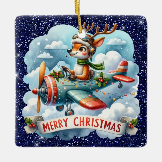 Reindeer Flying Aeroplane Ornament (Front)