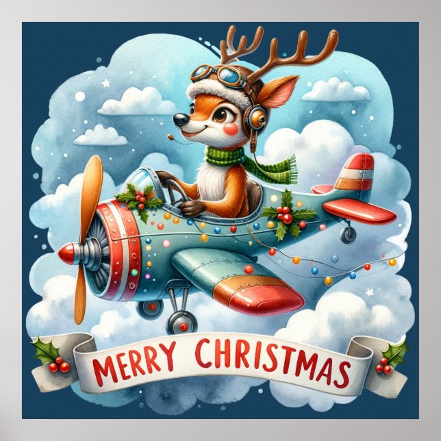 Reindeer Flying Aeroplane Poster (Front)