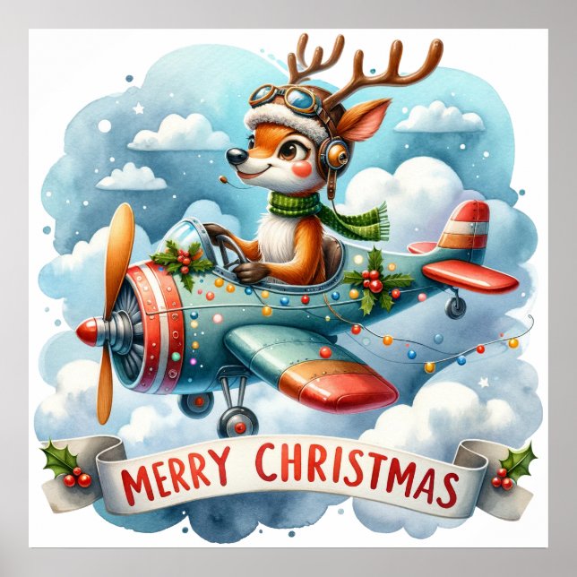 Reindeer Flying Aeroplane Poster (Front)