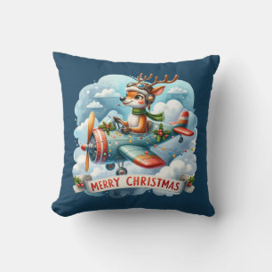 Reindeer Flying Aeroplane Throw Pillow