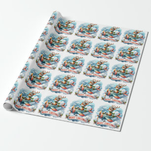 Reindeer Flying Aeroplane Wrapping Paper