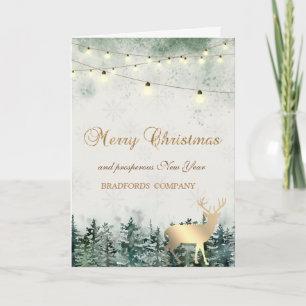 Reindeer,Forest,String Lights,Snowflakes Holiday Card