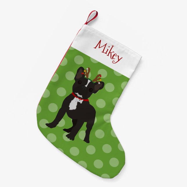 Reindeer French Bulldog Black And White Small Christmas Stocking (Front (Hanging))