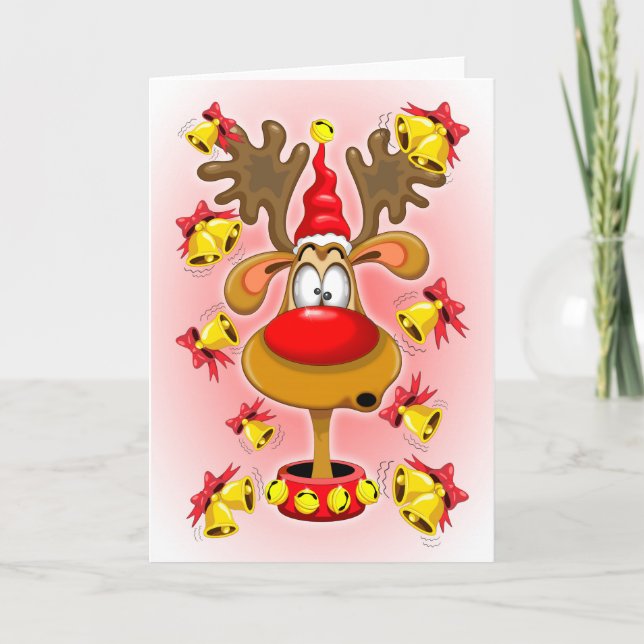 Reindeer Fun Christmas Cartoon with Bells Alarms Holiday Card (Front)