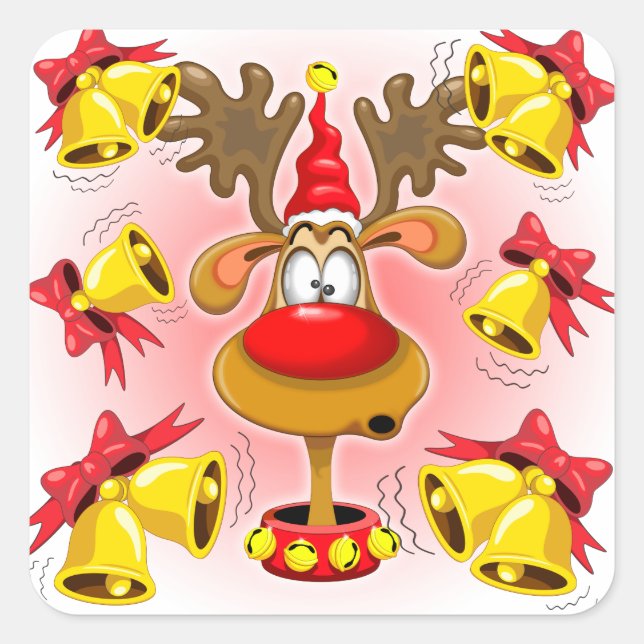 Reindeer Fun Christmas Cartoon with Bells Alarms Square Sticker (Front)