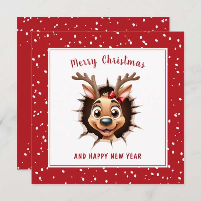 Reindeer Girl breaking through Funny Christmas Card (Front/Back)