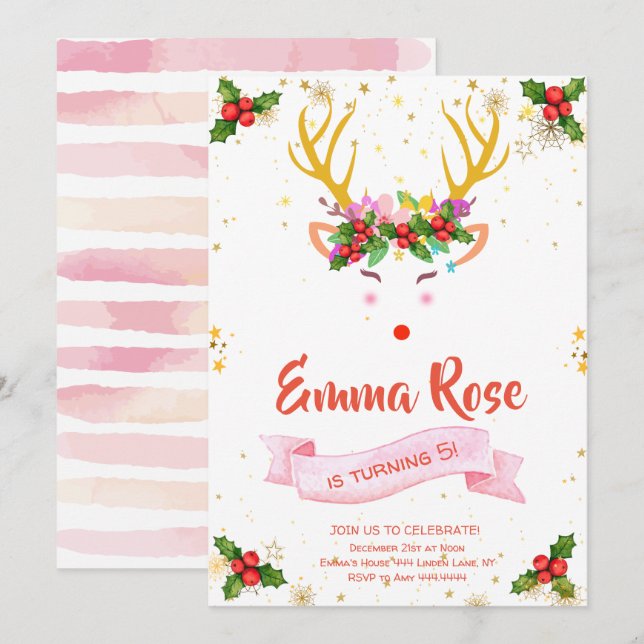 Reindeer Girl Christmas Birthday Invitation (Front/Back)