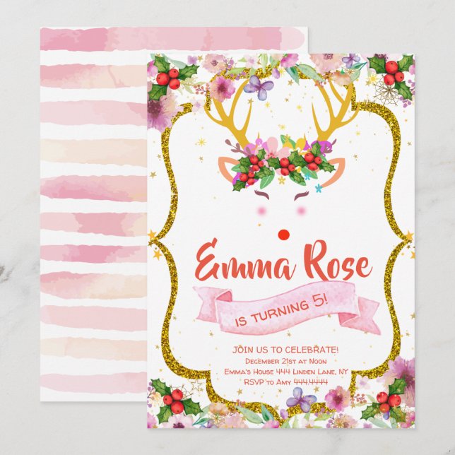 Reindeer Girl Christmas Birthday Invitation (Front/Back)