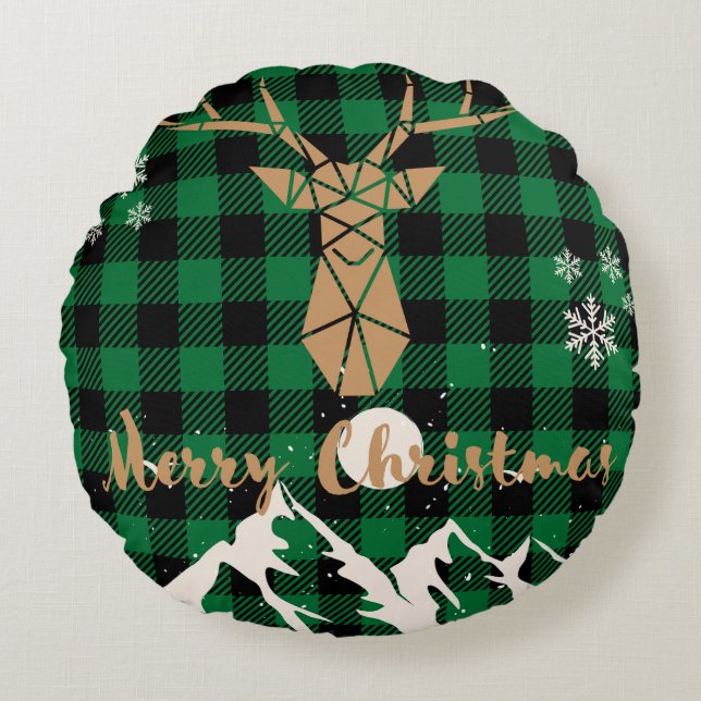 Reindeer green Plaid Christmas Throw Pillow (Front)
