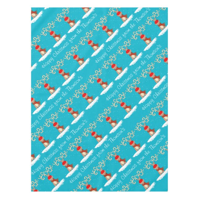 Reindeer Happy Christmas personalised family name Tablecloth (Front)