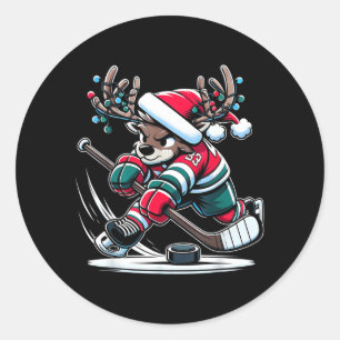 Reindeer Hockey Player Slapshot Stag In Festive Classic Round Sticker