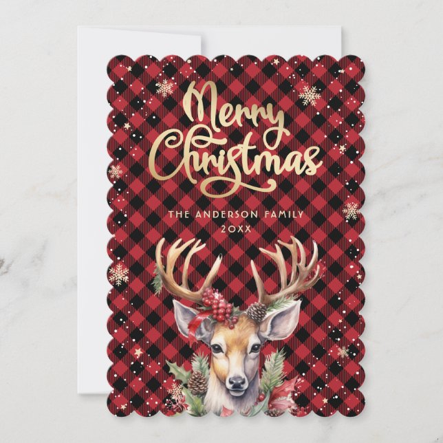 Reindeer Holly Berries Snowflakes Christmas Card (Front)
